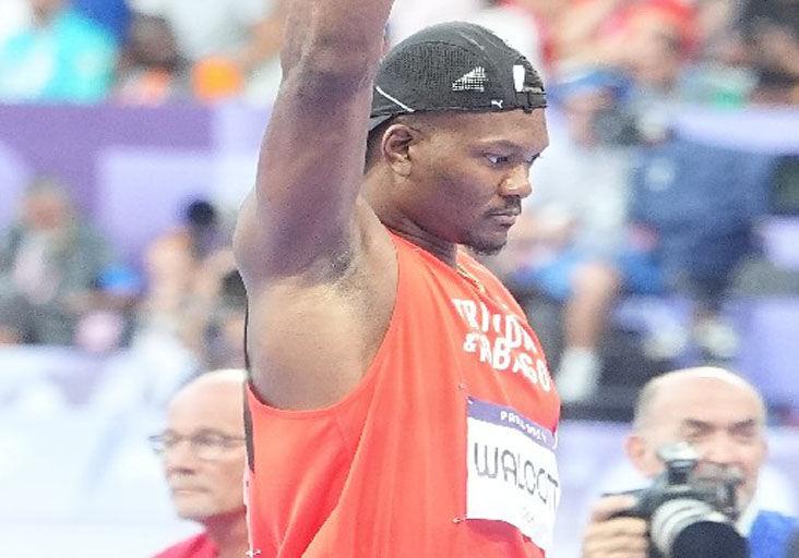 GREAT START: Trinidad and Tobago’s Keshorn Walcott celebrates his excellent start in the Olympic Games men’s javelin final at the Stade de France, in Paris, on Thursday. The 2012 champion landed the spear 86.16 metres in the first round to take an early lead. --Photo: BRENT STUBBS (Image obtained at trinidadexpress.com)