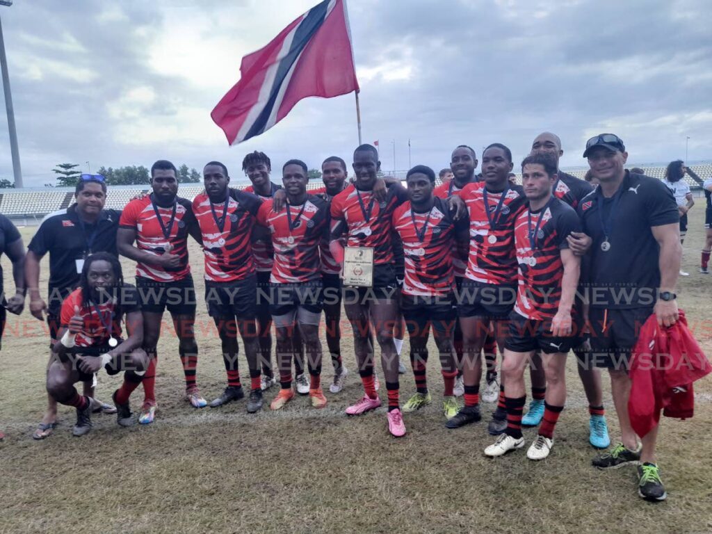 TT men's rugby players and staff after their runner-up finish in the 2024 Rugby Americas North Sevens tournament at Larry Gomes Stadium, Malabar. Photo by Roneil Walcott - (Image obtained at newsday.co.tt)